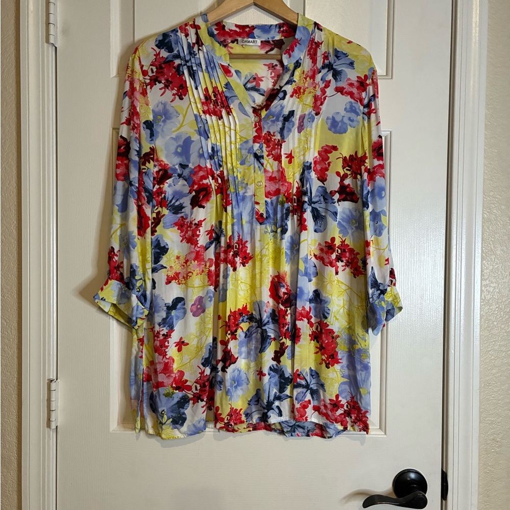Vibrant Floral Blouse - Red, Blue, Yellow